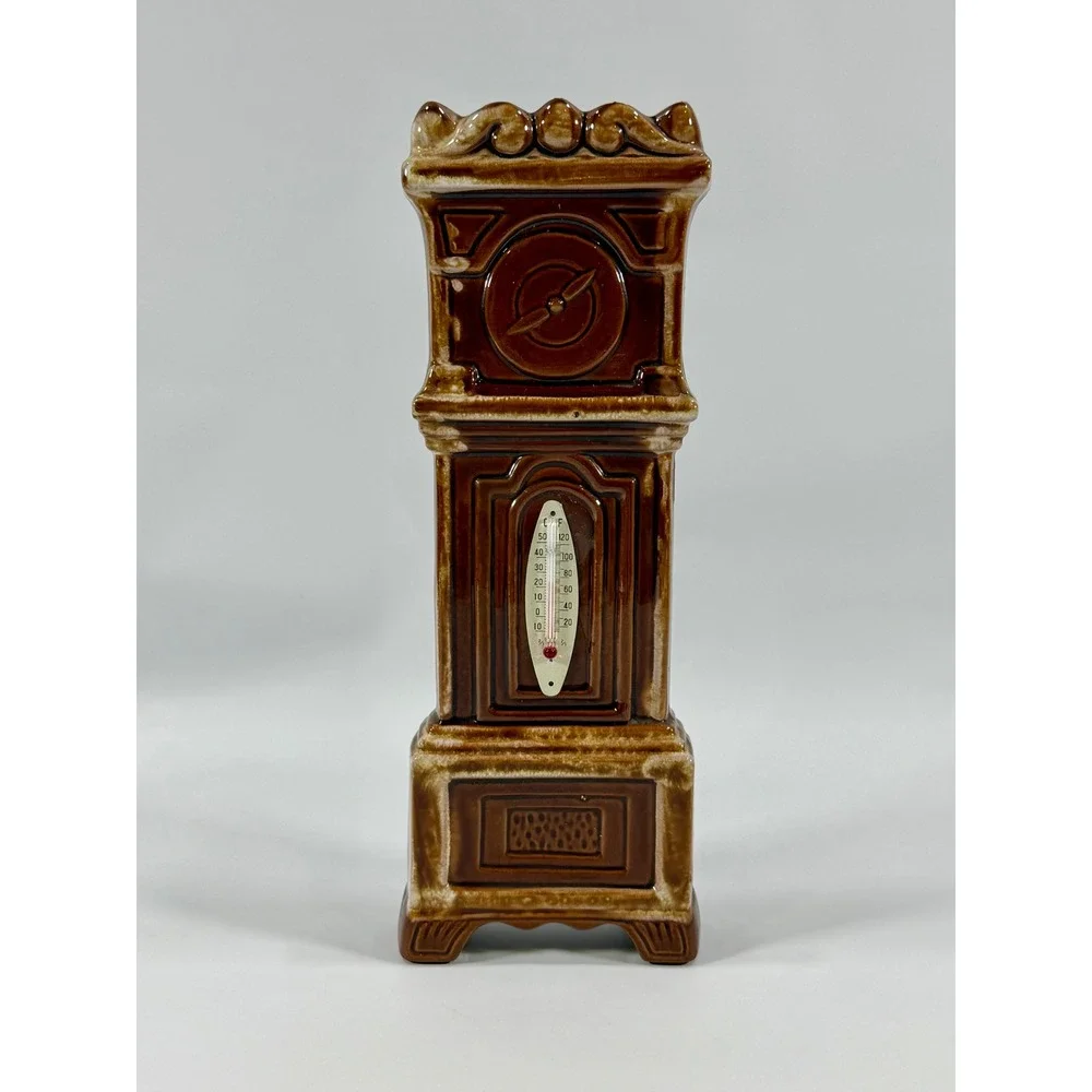VTG Grandfather Clock Thermometer Ceramic‎ Brown Drip Glaze Japan MCM Home Decor